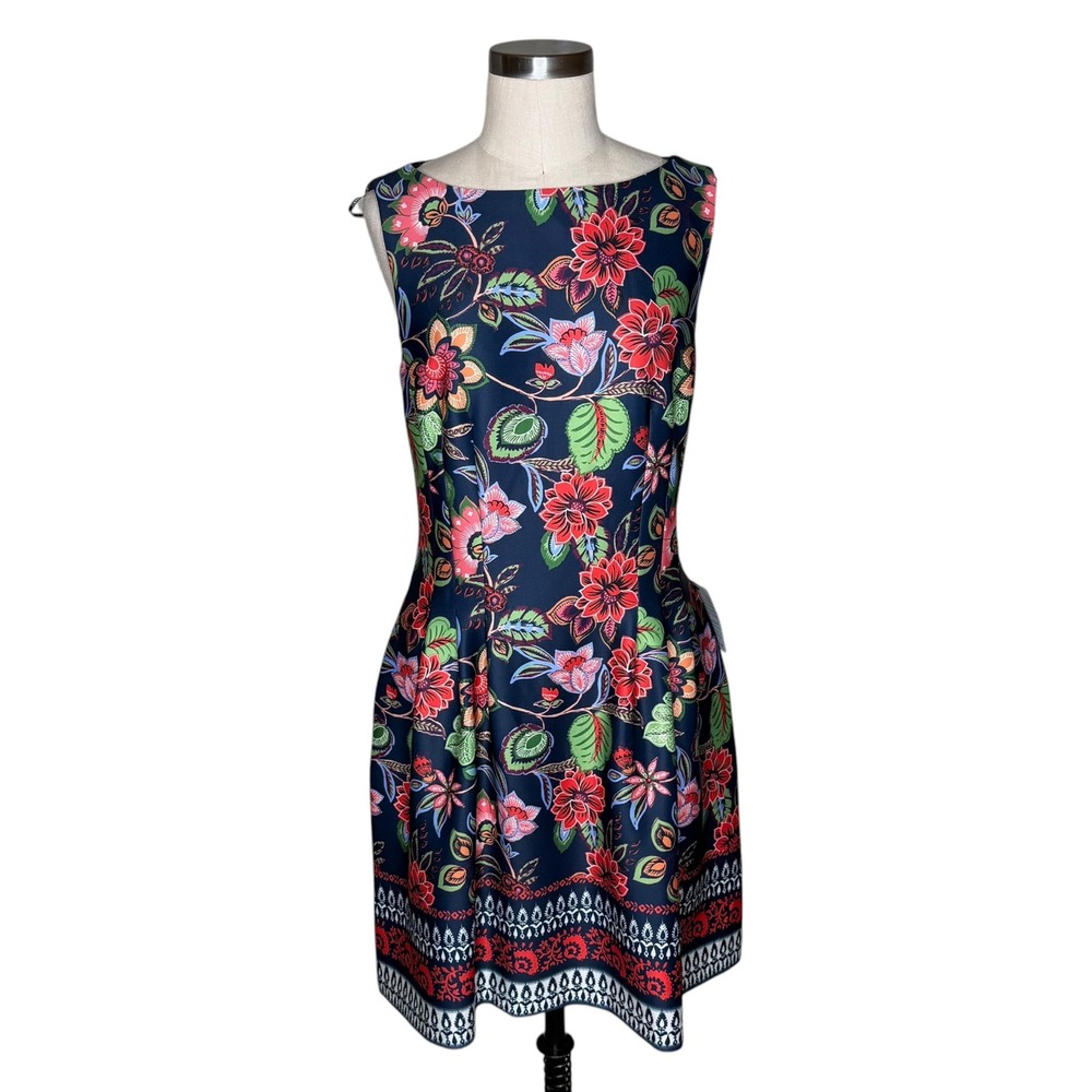 VINCE CAMUTO Floral Fit & Flare Scuba Sheath Dress Navy Blue Women's Size 12 NEW